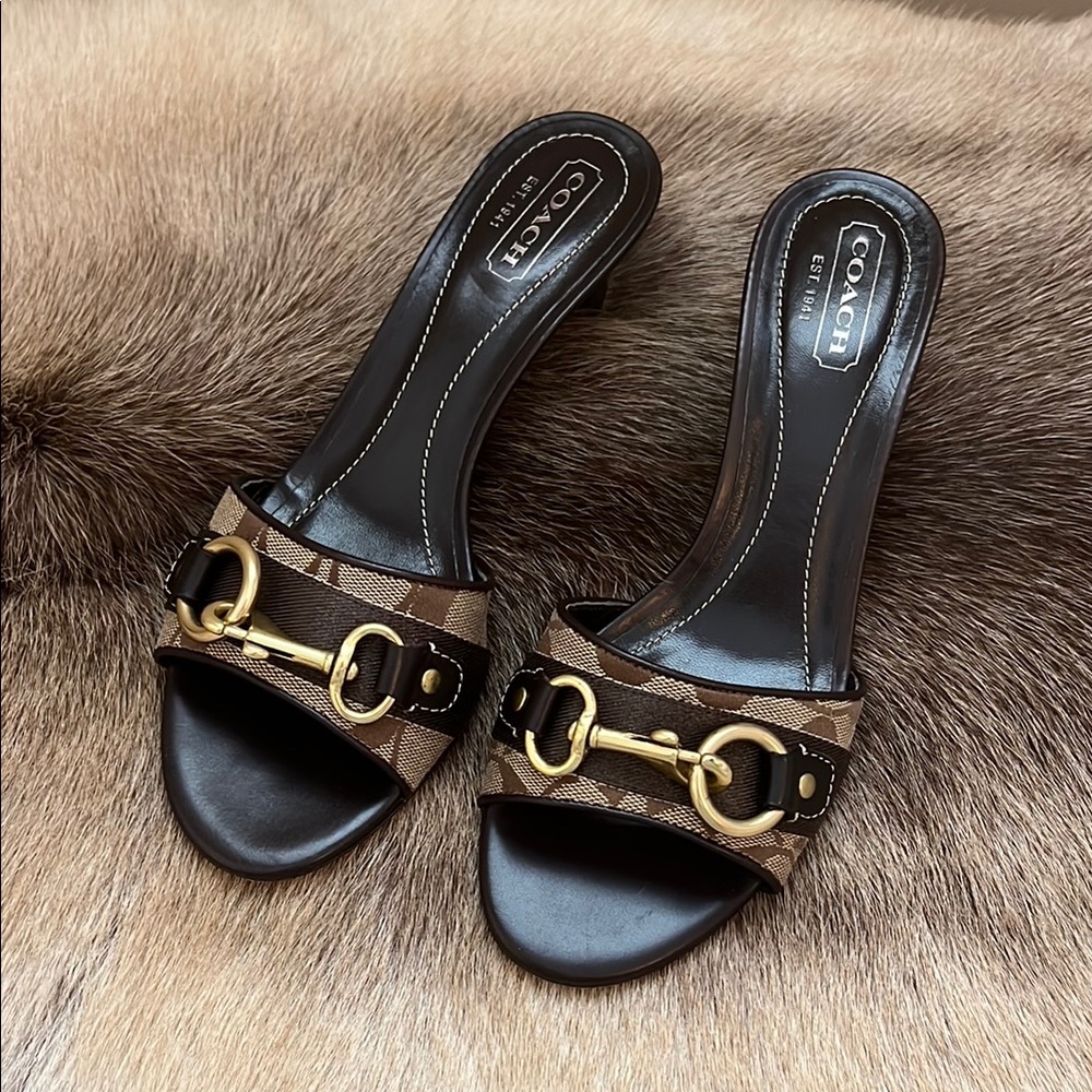 Coach Women's Brown and Gold Mules
